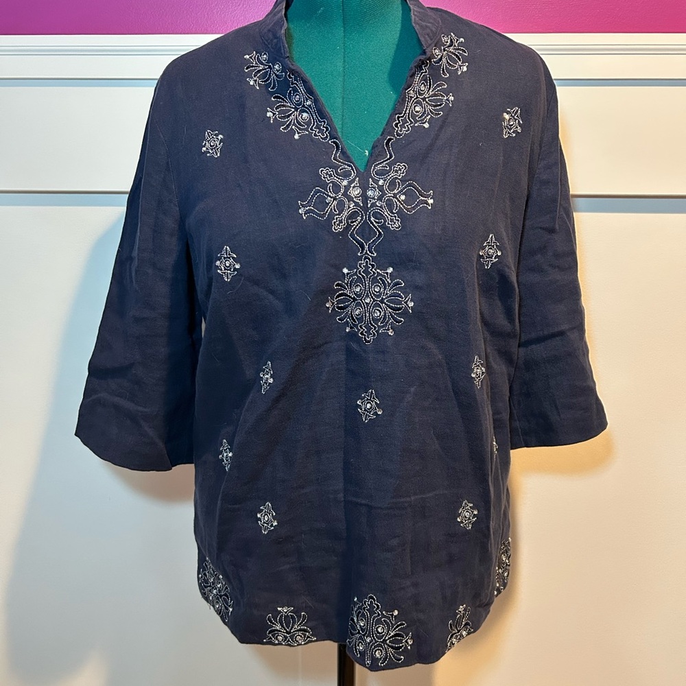 JM Collection Dark Blue Embroidered Shirt